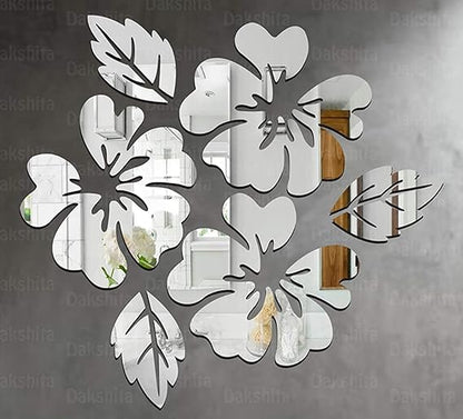 Excell Mart Non Glass Small and Big Floral/Flower Leaf Design Wall Stickers 3D Acrylic Wall Mirror Sticker DIY Wall Decoration Decor Art for Bedroom, Living Room, Home, Office and Washroom - 6 Pcs, Silver