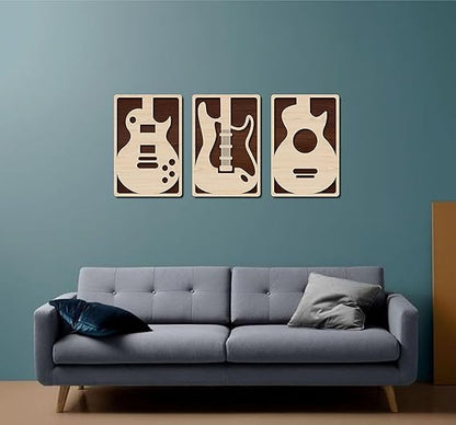 Excell Mart Wooden Wall Art Hanging | Multilayer Wooden Decor| Multilayerd Wooden Wall Art Decoration for Contemporary Home, Bedroom, Living Room, Office etc. (Guitar, Set of 3, Beige Maple)