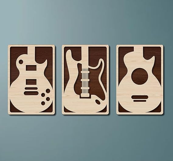 Excell Mart Wooden Wall Art Hanging | Multilayer Wooden Decor| Multilayerd Wooden Wall Art Decoration for Contemporary Home, Bedroom, Living Room, Office etc. (Guitar, Set of 3, Beige Maple)