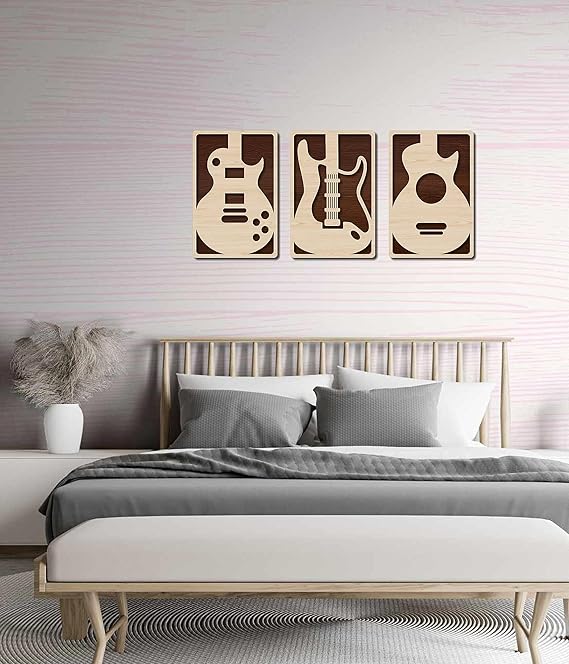 Excell Mart Wooden Wall Art Hanging | Multilayer Wooden Decor| Multilayerd Wooden Wall Art Decoration for Contemporary Home, Bedroom, Living Room, Office etc. (Guitar, Set of 3, Beige Maple)