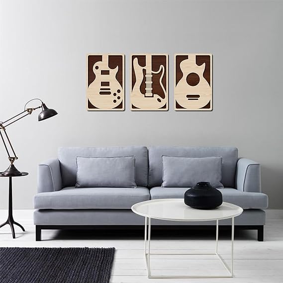 Excell Mart Wooden Wall Art Hanging | Multilayer Wooden Decor| Multilayerd Wooden Wall Art Decoration for Contemporary Home, Bedroom, Living Room, Office etc. (Guitar, Set of 3, Beige Maple)